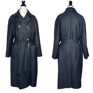 Louis Ferard | Women | Black Virgin Wool Leather Mid Belted Trench Coat | US 16